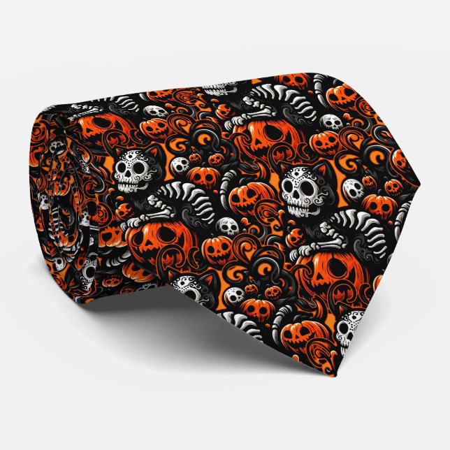 Gravata Spooky Cat e Pumpkins (Rolled)
