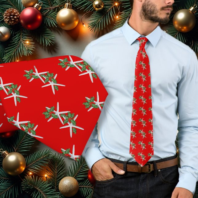 Gravata Starfish n Holly Bright Red Christmas Season Tie (Criador carregado)