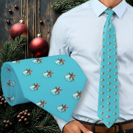 Gravata Starfish n Ornament Aqua Blue Christmas Tie