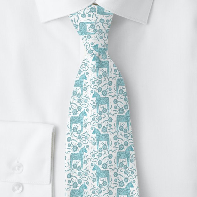 Gravata Sueco Dala Horse Teal Green e White FolArt (Swedish Dala Horse folk art teal green neck tie)
