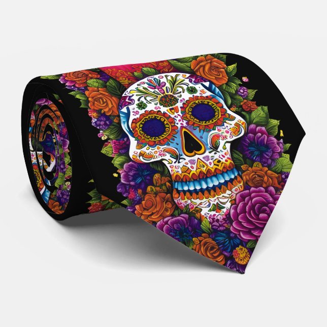 Gravata Sugar Skull Art - Celebrar Dia de los Muertos (Rolled)