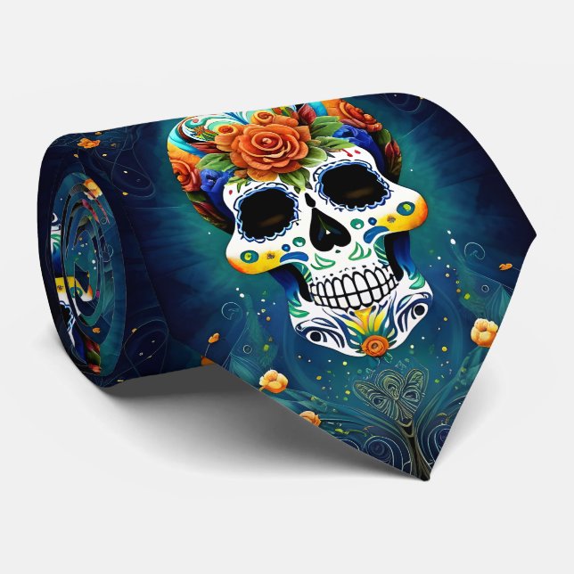 Gravata Sugar Skull Art - Magia Mexicana (Rolled)