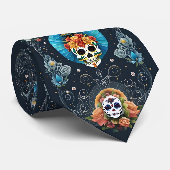 Gravata Sugar Skull Art - Vibrante Dia de los Muertos (Rolled)