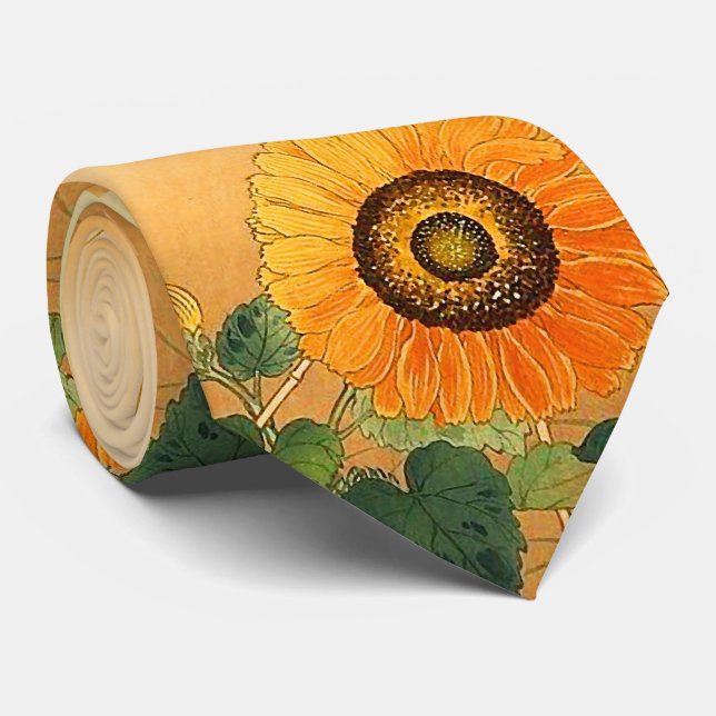 Gravata SUNFLOWER ,BUTTERFLY,GREEN LEAVES Japanese Floral (Rolled)