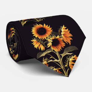 GRAVATA SUNFLOWERS WITH GREEN LEAVES IN BLACK