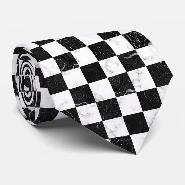 Gravata Tabuleiro de Xadrez Mármore Branco Preto e Prata (Rolled)