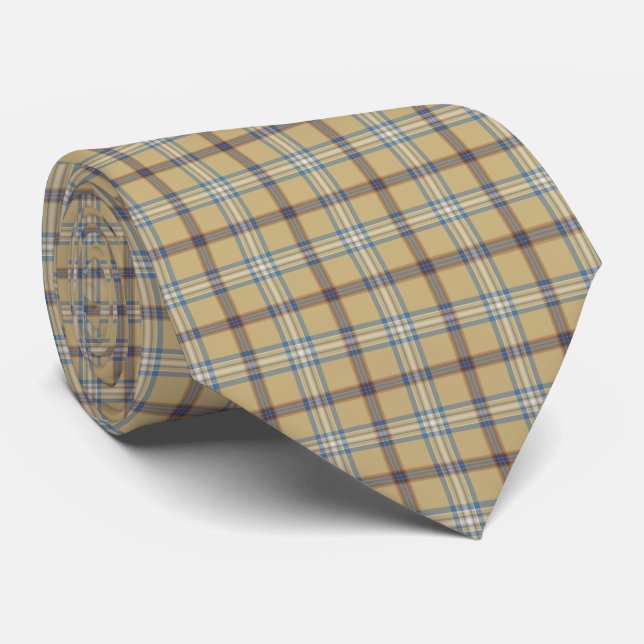 Gravata Tan and Wedgewood Blue Plaid Neck Tie (Rolled)