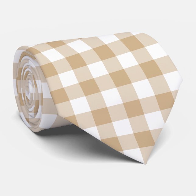 Gravata Tan Beige White Gingham Plaid Neck Tie (Rolled)