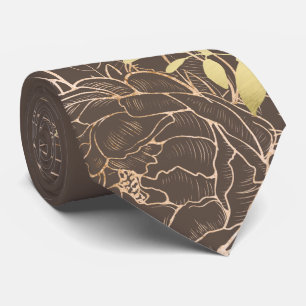 Gravata Taupe Brown e Dourado Casamento Floral Moderno de 