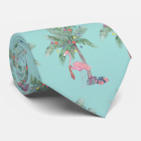 Teal Flamingo Em Santa Hat com Palm Tree & Lights