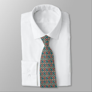Gravata Teal Maroon Beige Ethnic Patterns Flowers, Chevron
