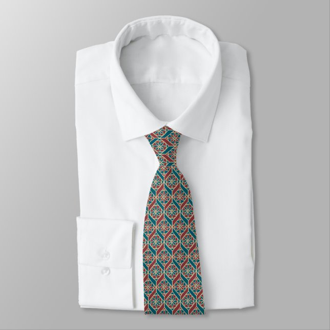 Gravata Teal Maroon Beige Ethnic Patterns Flowers, Chevron (Amarrado)