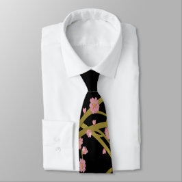 Gravata Tela Japonesa Rosa Sakura Dourado Preto