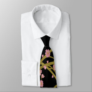 Gravata Tela Japonesa Rosa Sakura Dourado Preto