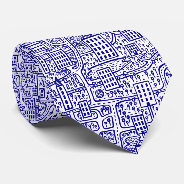 Gravata Terra das Torres - Marinho Azul em Branco (Rolled)