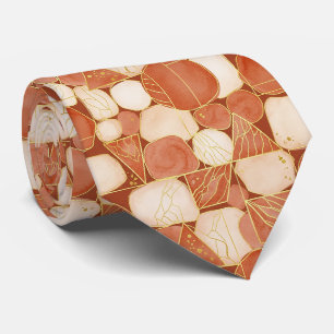 Gravata Terracotta Bege Creme Geométrico Mosaico Dourado