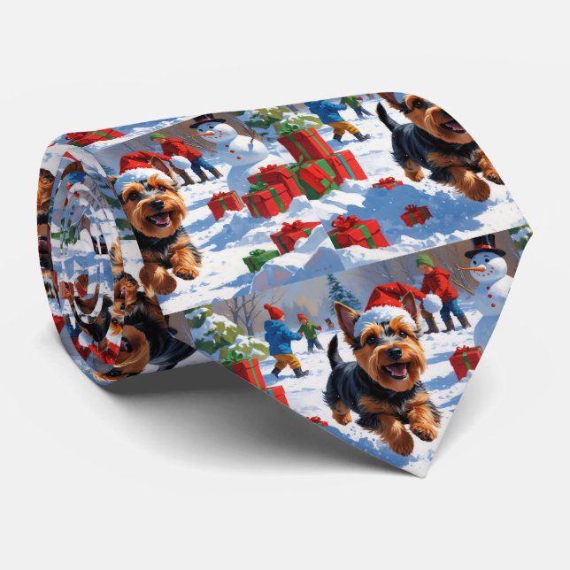 Gravata Terrier escocês correndo neve com chapéu de Natal (Rolled)
