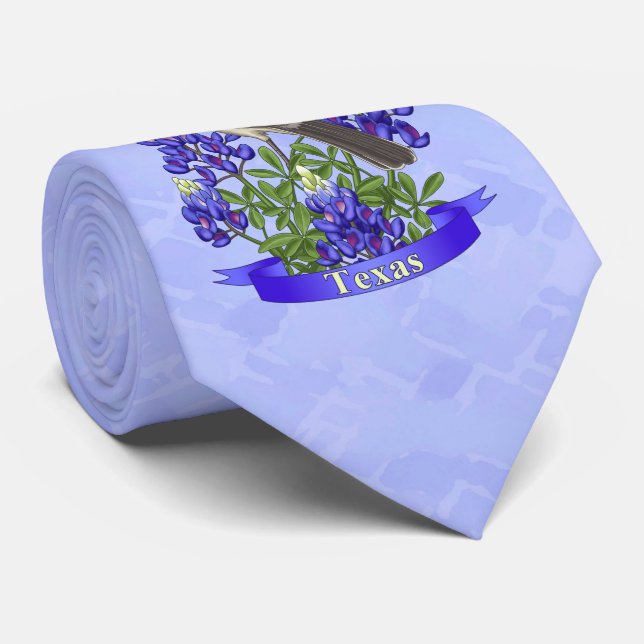 Gravata Texas State Mockingbird & Bluebonnet Flower (Rolled)
