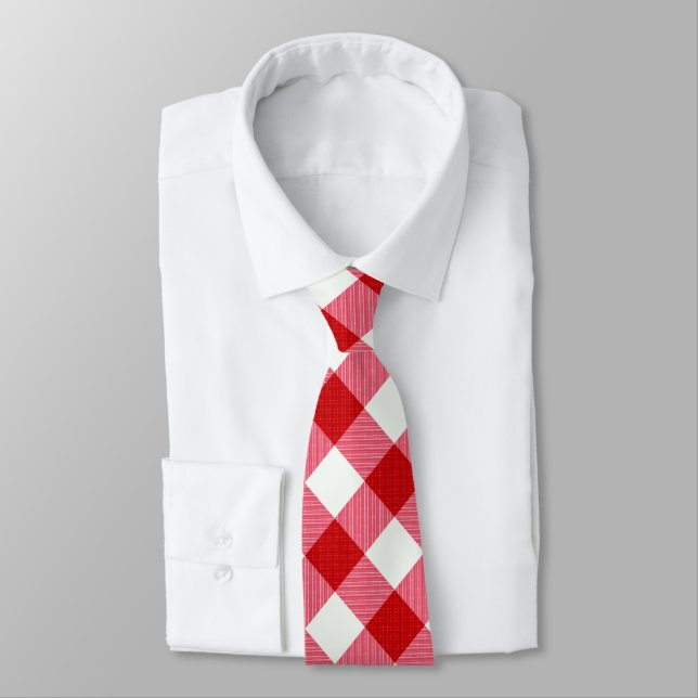 Gravata textura branca vermelha clássica de xadrez tartana (Amarrado)