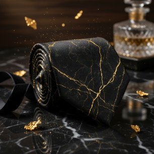 Gravata Textura de Mármore Preto Simples com Veias de Ouro