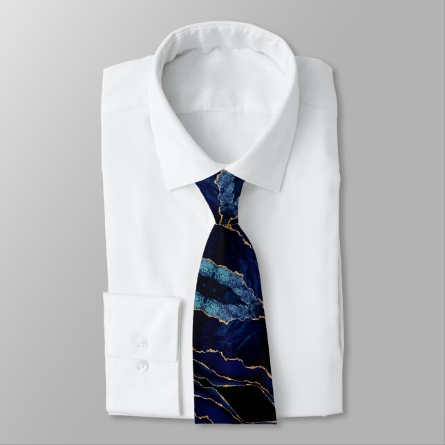 Gravata Tie Agate do Pescoço Moderno Marinho Azul Dourado  (Amarrado)