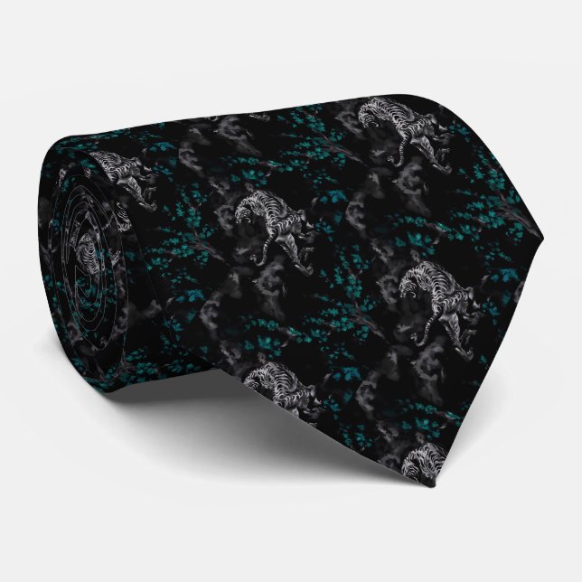 Gravata Tigre entouré de fleurs turquoise Cravate (Rolled)