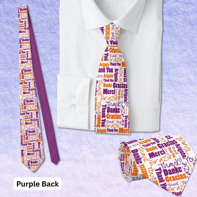 Gravata Tipografia Multilíngue Roxa Laranja Obrigado (Black and purple multilingual thank you word cloud tie. Purple back. )