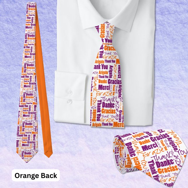 Gravata Tipografia Multilíngue Roxo Laranja Obrigado (Purple and orange multilingual thank you typography word cloud polyester tie. Back is orange.)