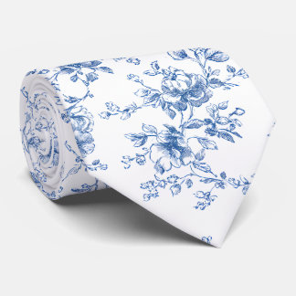 Gravata Toile Buquê Floral Azul Branco Botânico Vintage