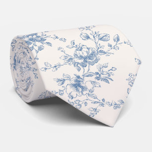 Gravata Toile Buquê Floral Azul Creme Botânico Vintage 