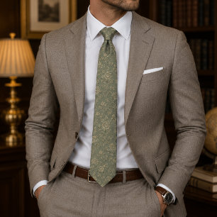 Gravata Toile Floral Botânico Vintage de Luxo em Verde Sál