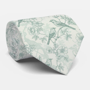Gravata Toile Verde Menta Francês Country Pássaros e Flora