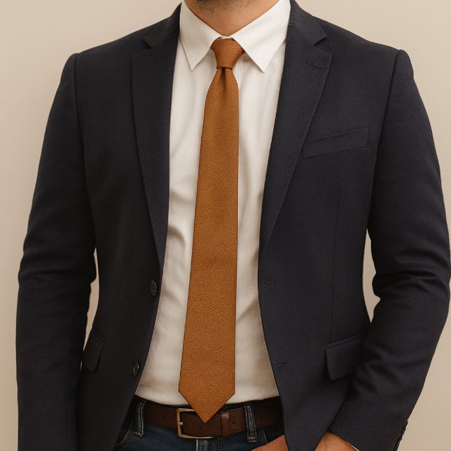 Gravata Torneio de Colher de Couro Mal Texturado (Business casual ensemble featuring a ginger-toned leather necktie,  with a navy blazer and jeans)