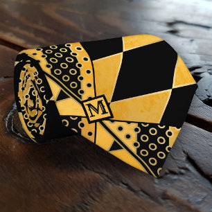 Gravata Torneio de Monograma de Padrão Geométrico Ocher Bl