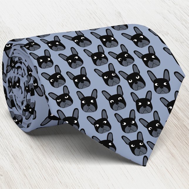 Gravata Torneio de Pescoço Azul do Bulldog Negro (Black French Bulldogs on a blue background fun dog art neck tie)