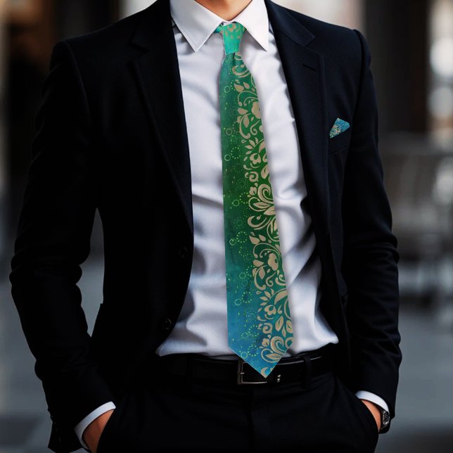 Gravata Torneio de Pescoço Verde Azul Aqua (Aqua Blue Green Floral Pattern Neck Tie)