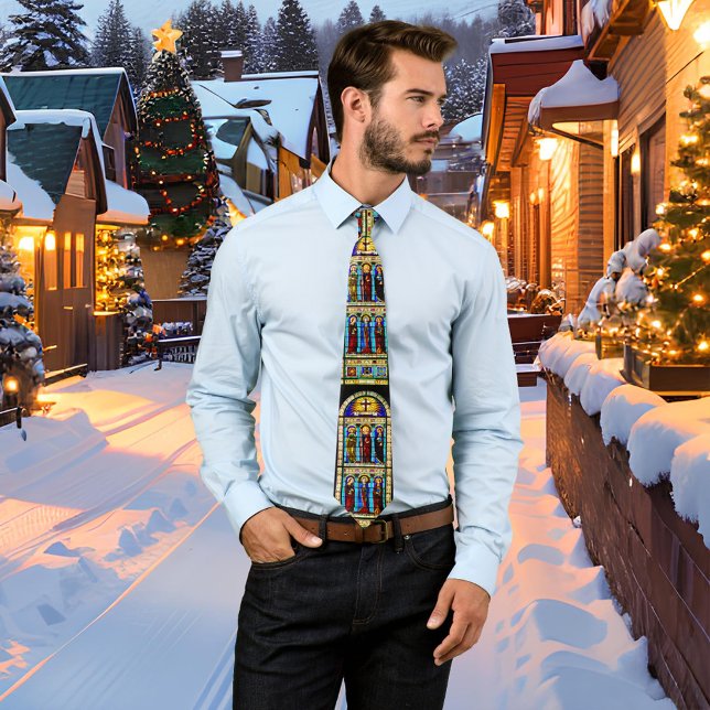 Gravata Torre de Natal da Igreja de Vidro Estreita (Tie featuring an image of a stained glass church window. Great as a Christmas gift)