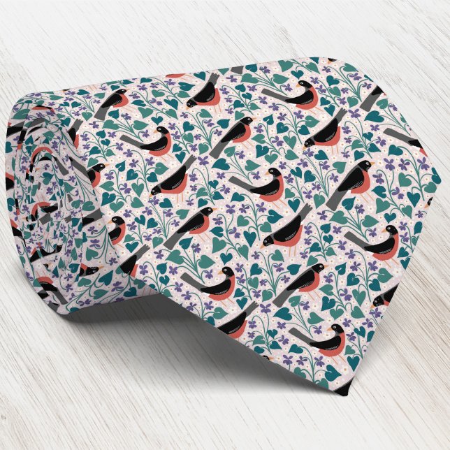 Gravata Toutinegra-americana Violeta Anêmona Pássaro Flor (American robin redbreast wild wood violet Wisconsin state bird flower heritage inspired neck tie)