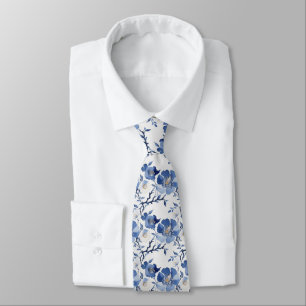 Gravata Traje de Noivos com Floral Azul Branco Chinoiserie