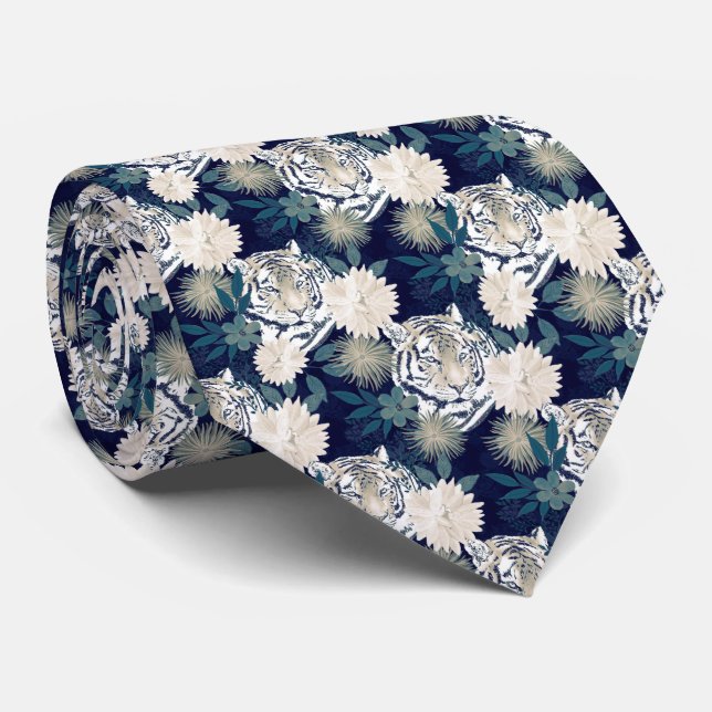 Gravata Trender Tiger Animal Watercolor Floral Blue Design (Rolled)