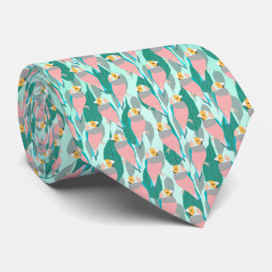 Gravata Trendy Pink Rainbow Finch Bird & Green Foliage