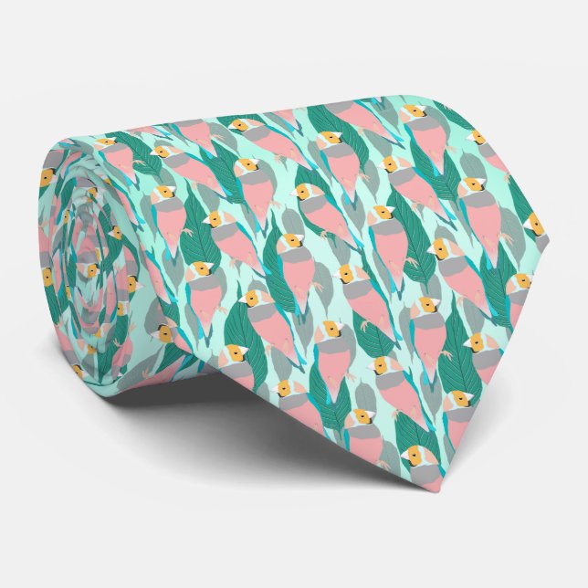 Gravata Trendy Pink Rainbow Finch Bird & Green Foliage (Rolled)