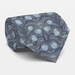 Gravata Tulipas Retro Nouveau em azul e estanho