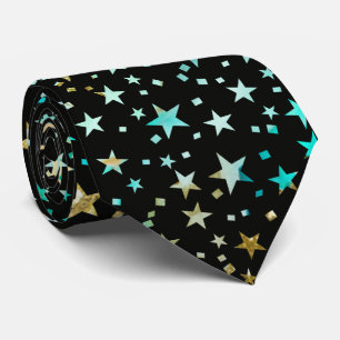 Gravata Turquesa Azul Profissional Estrelas Falso Dourado