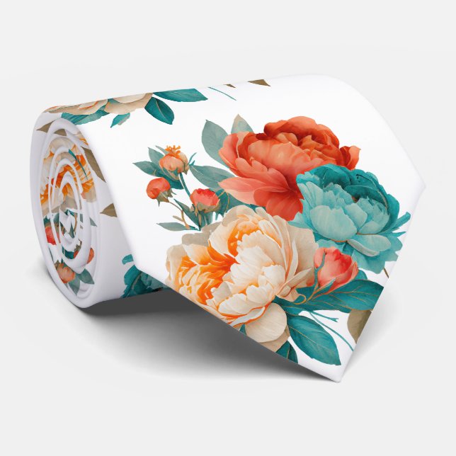 Gravata Turquesa Laranja Laranja Cor Floral Padrão (Rolled)