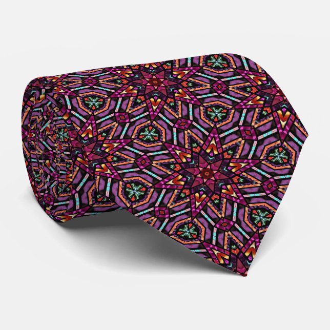Gravata Turquesa Rosa Roxo Laranja Padrão de Caleidoscópio (Rolled)