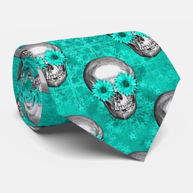 Gravata Turquesa Skulls e Sunflower Series Design 11 (Rolled)