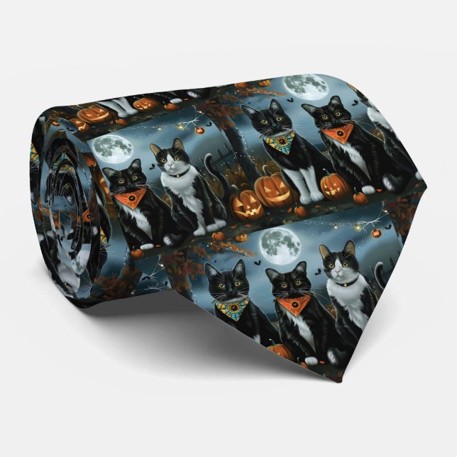 Gravata Tuxedo Cat Halloween Spooky (Rolled)