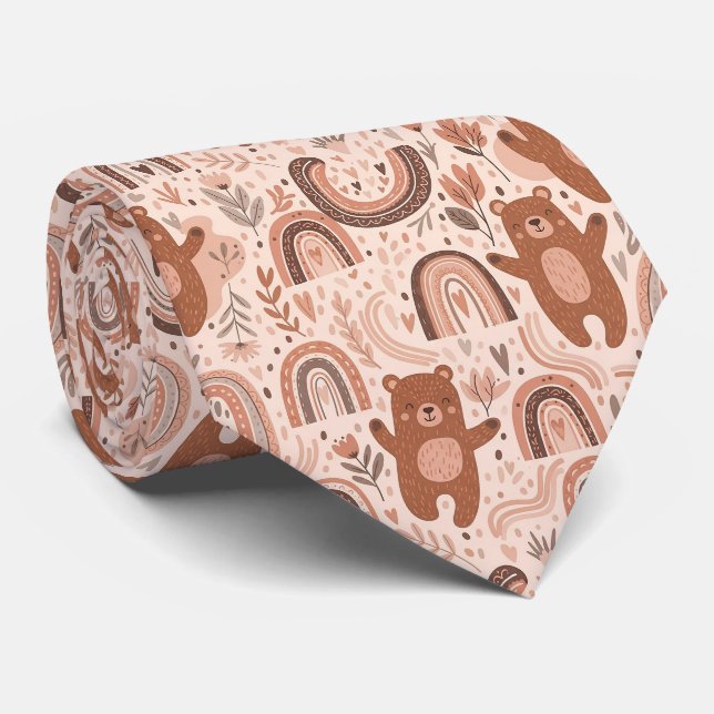 Gravata Urso Teddy Boho Arco-íris Marrom Bege Blush (Rolled)