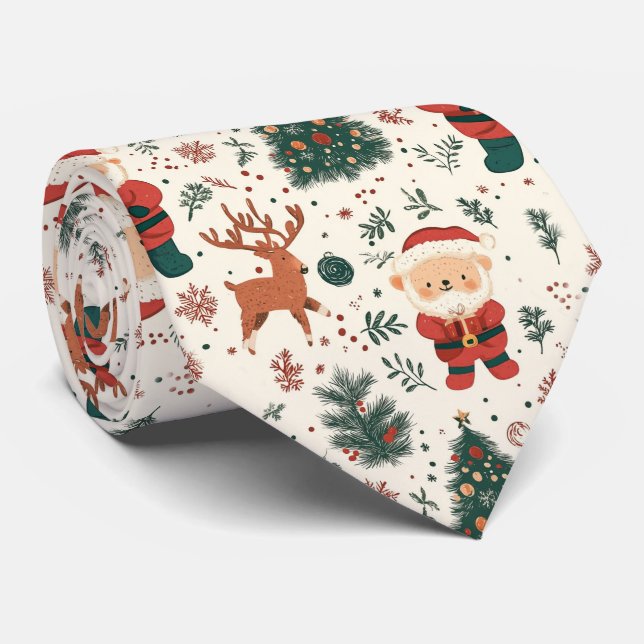 Gravata Urso Teddy Fofo & Papai Noel em Branco (4) (Rolled)